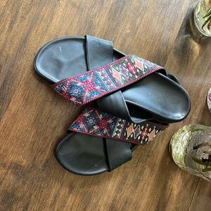Johnny Was Black Sandals with Multicolor Pattern
